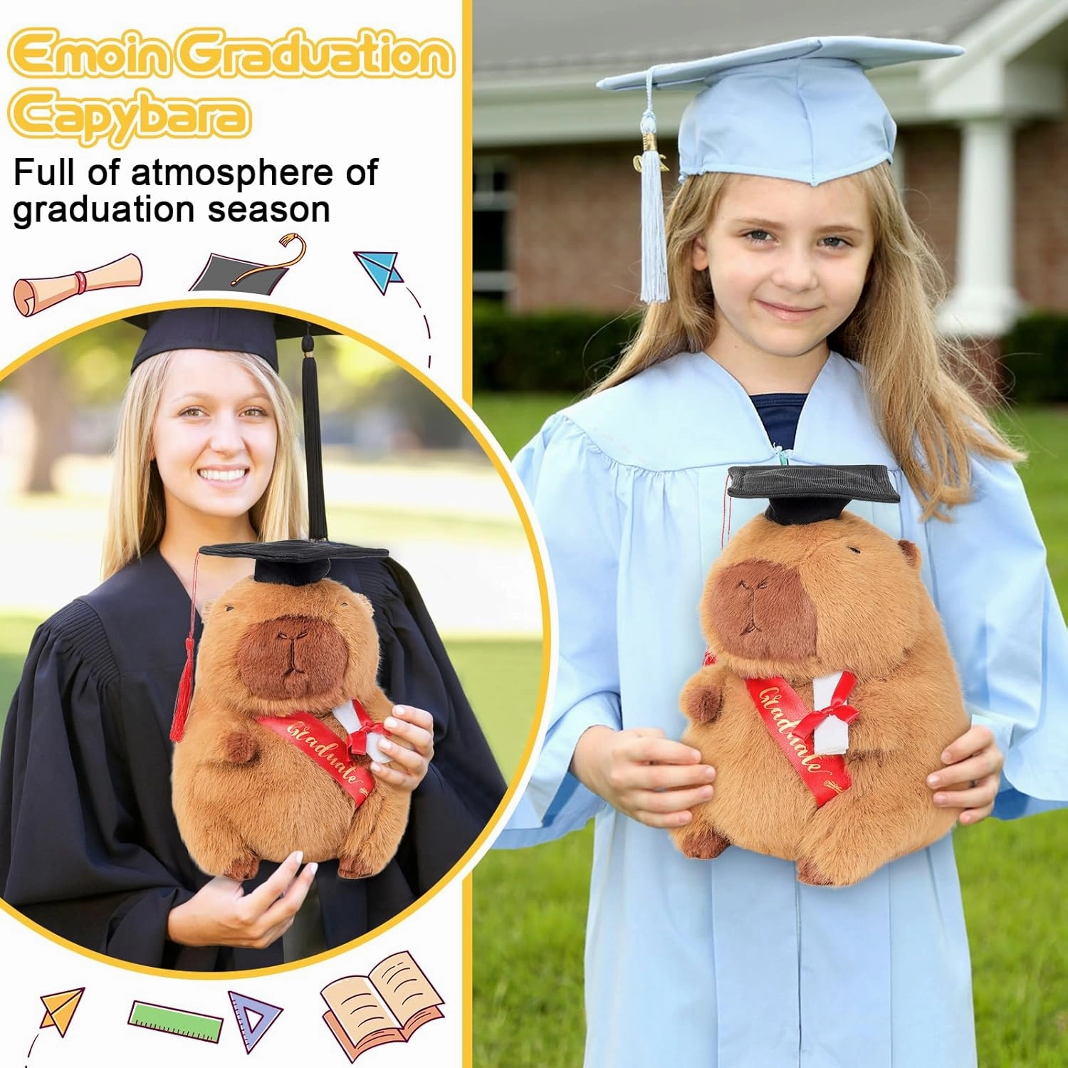 Emoin Capybara Graduation Plush for Her Him, 9 Inch Class of 2025 Graduation Capybara Stuffed Animal with Cap & Diploma, 2025 Inspirational Plush Toy for High School
