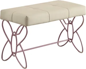 Enhance Seating with Elegant Butterfly Design Bench, Armless with Padded Faux Leather Cushion, White and Light Purple
