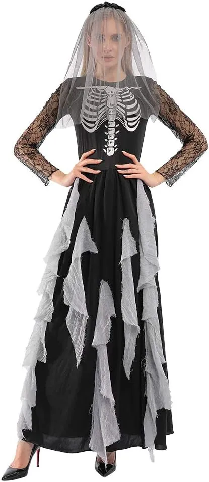 EraSpooky Women Skeleton Zombie Bride Costumes Halloween Cosplay Fancy Party Dress with Hair Band