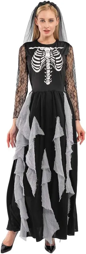 EraSpooky Women Skeleton Zombie Bride Costumes Halloween Cosplay Fancy Party Dress with Hair Band