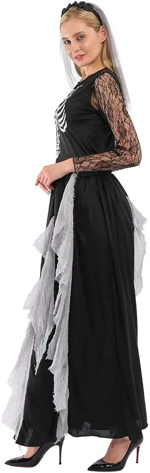 EraSpooky Women Skeleton Zombie Bride Costumes Halloween Cosplay Fancy Party Dress with Hair Band