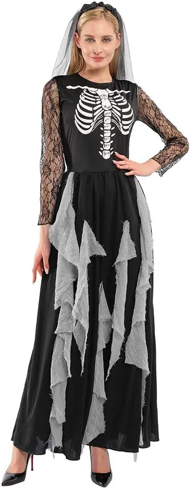 EraSpooky Women Skeleton Zombie Bride Costumes Halloween Cosplay Fancy Party Dress with Hair Band