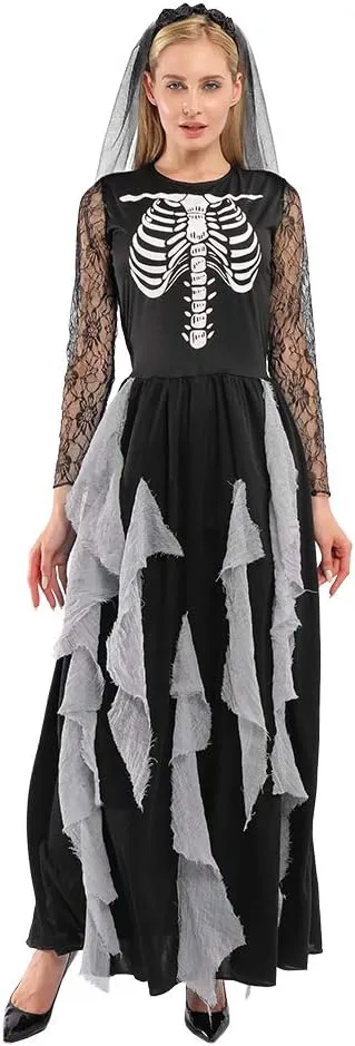 EraSpooky Women Skeleton Zombie Bride Costumes Halloween Cosplay Fancy Party Dress with Hair Band
