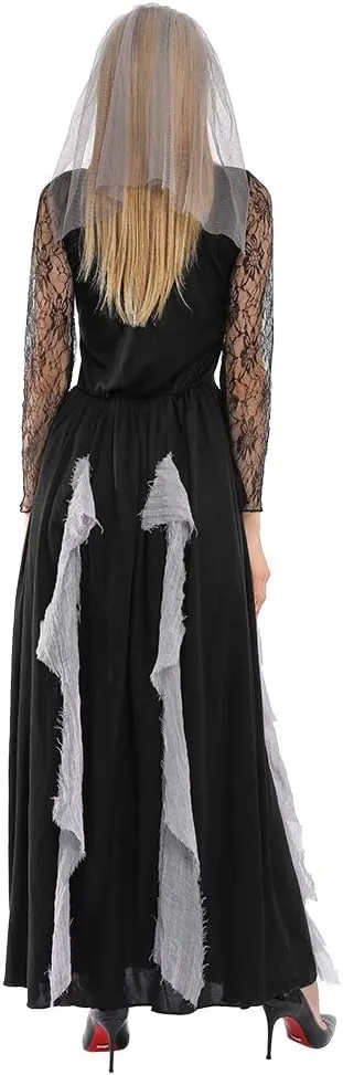 EraSpooky Women Skeleton Zombie Bride Costumes Halloween Cosplay Fancy Party Dress with Hair Band