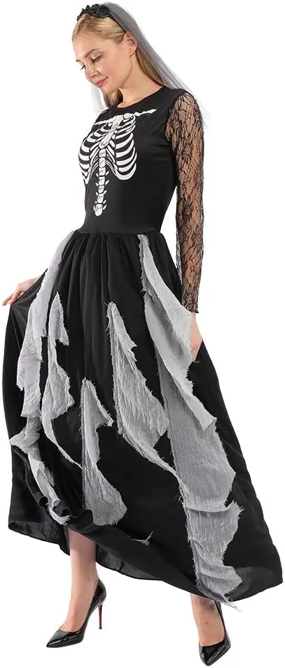 EraSpooky Women Skeleton Zombie Bride Costumes Halloween Cosplay Fancy Party Dress with Hair Band