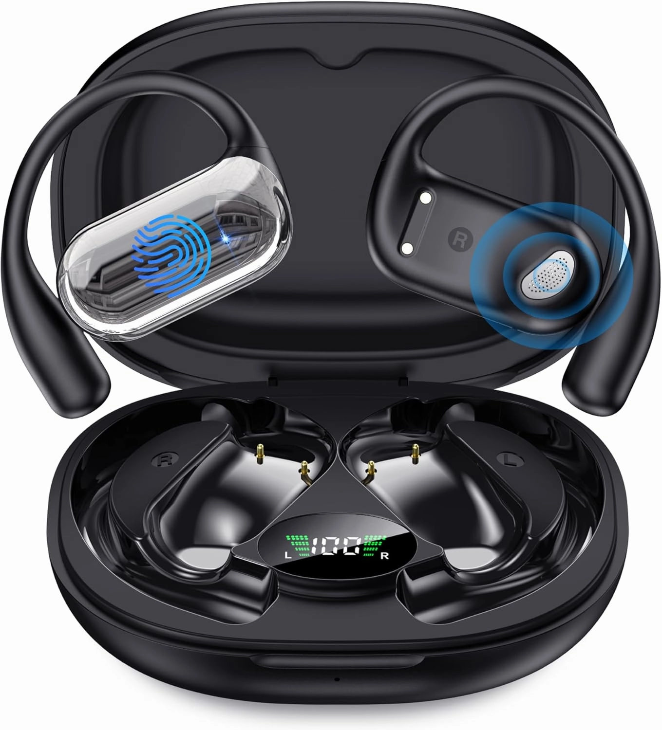 EUQQ Open Ear Bluetooth 5.4 Earbuds, Wireless Headphones Sport Over Earphones Built-in Mic with Ear Hooks 50H Playtime with LED Display Charging Case Ergonomic IPX7 Waterproof for Running Fitness