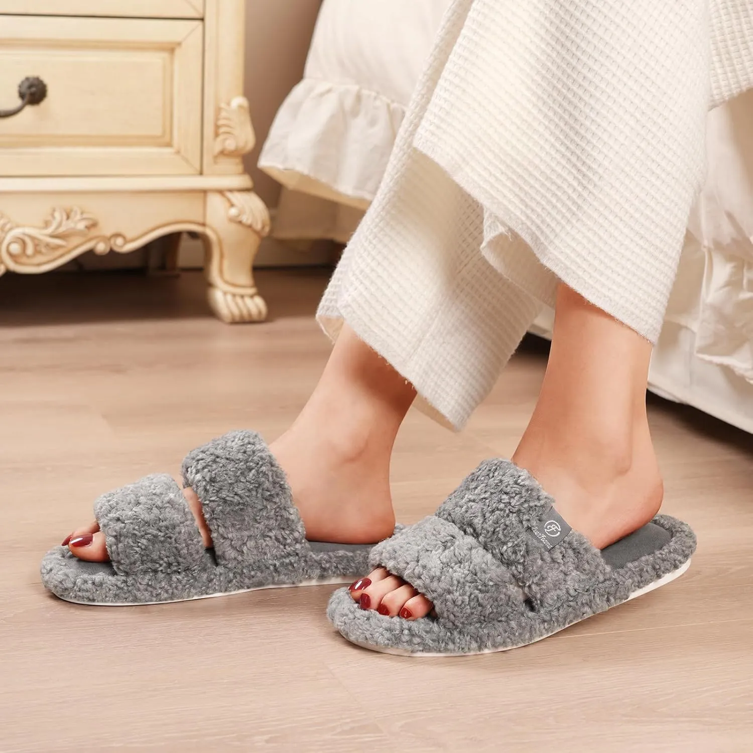 EverFoams Women's Fuzzy Open Toe Slippers Comfy Soft Memory Foam Indoor House Shoes