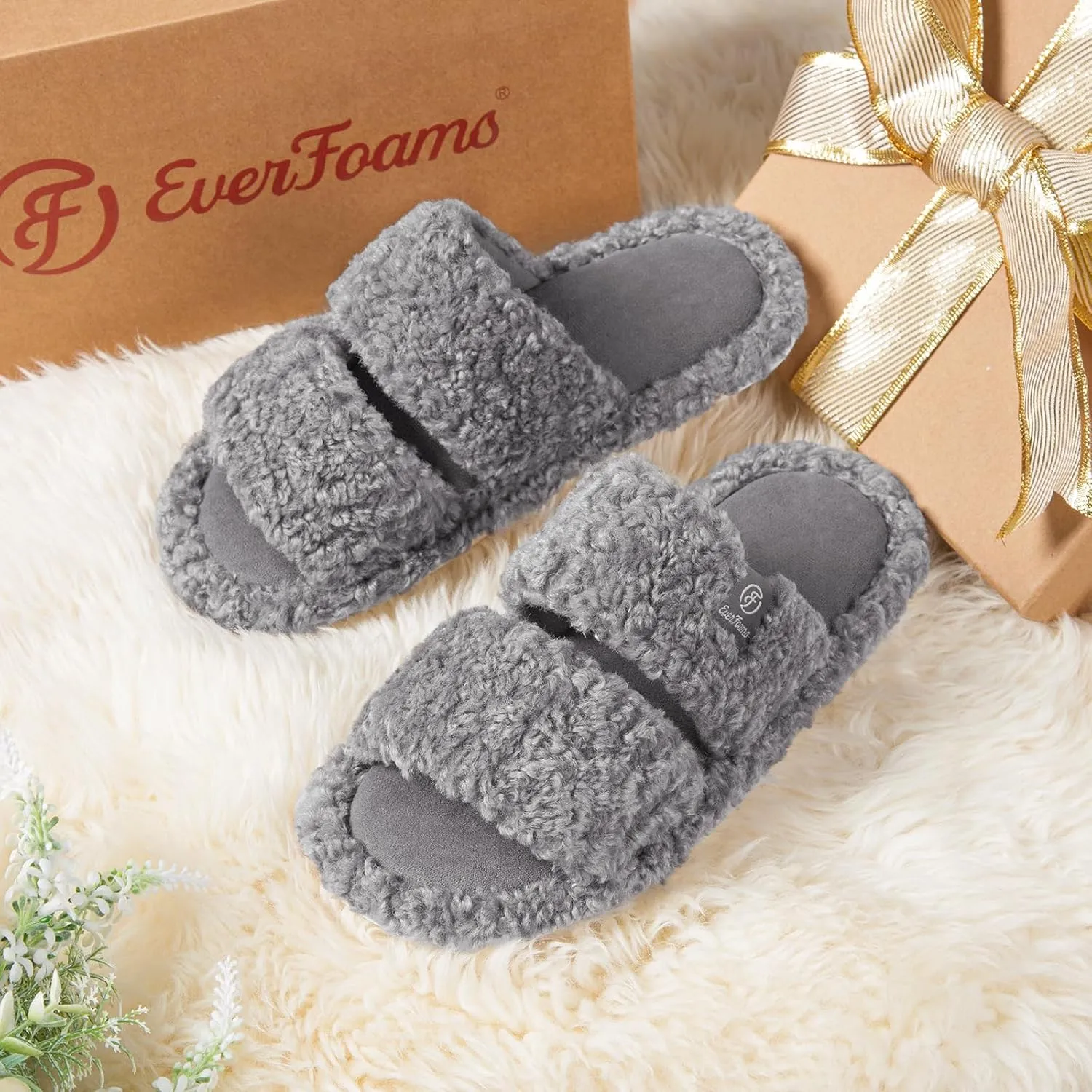 EverFoams Women's Fuzzy Open Toe Slippers Comfy Soft Memory Foam Indoor House Shoes