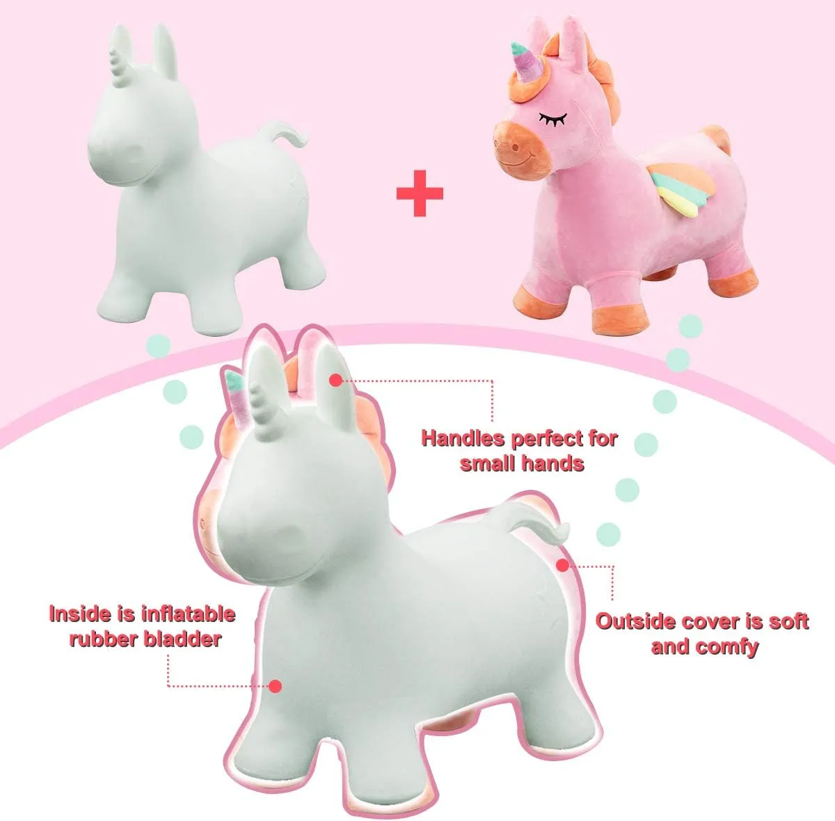 EVERICH TOY Bouncy Horse Unicorn Toys, Inflatable Bouncing Animal Hopping Toys, Outdoor Indoor Ride on Bouncer, Boys Girls Birthday Gift for 18 Month 2 3 4 5 6 Year Old Kid- Plush Unicorn Toy