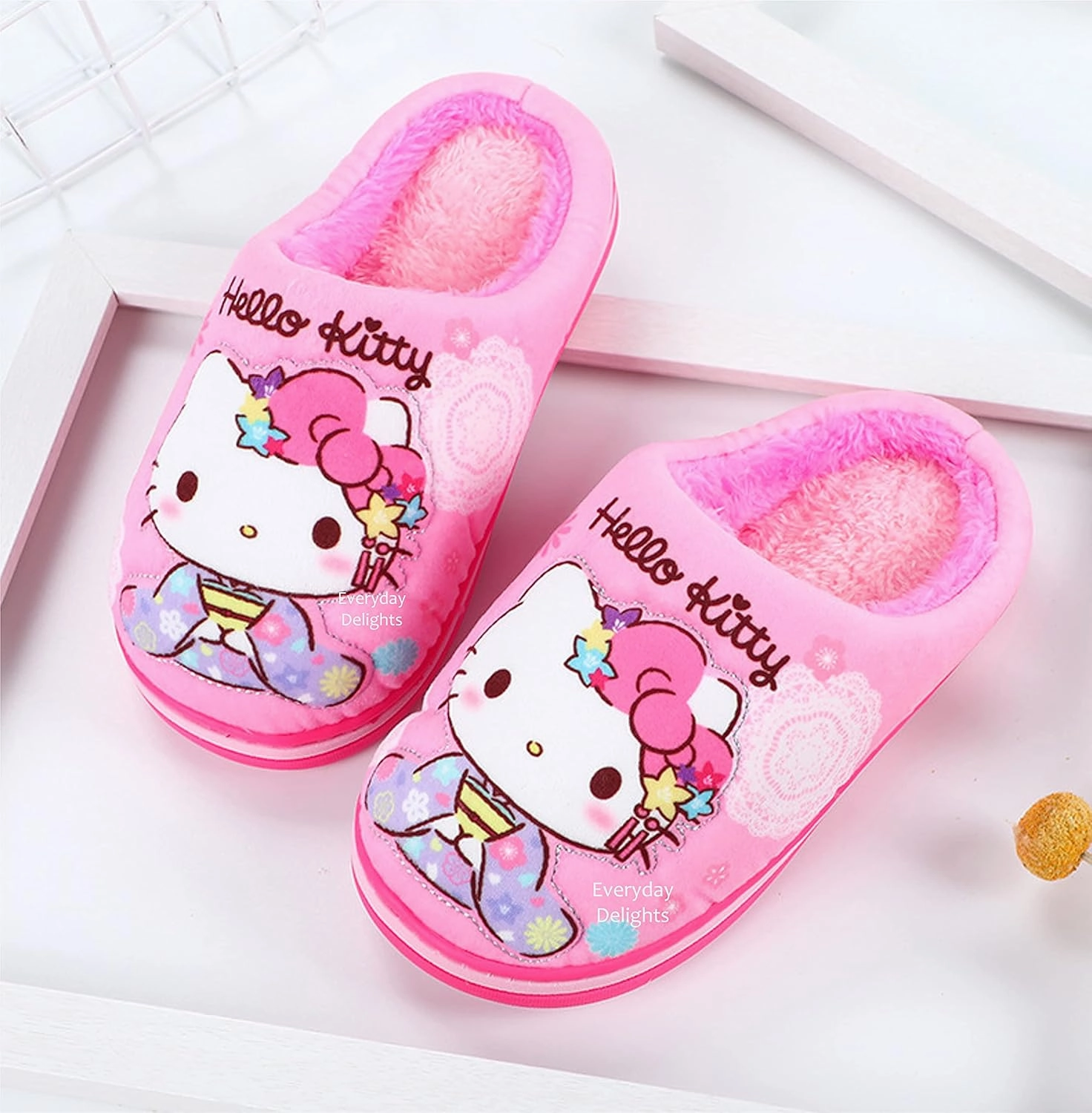 Everyday Delights Hello Kitty Kimono Plush Slippers for Girls Kids Children