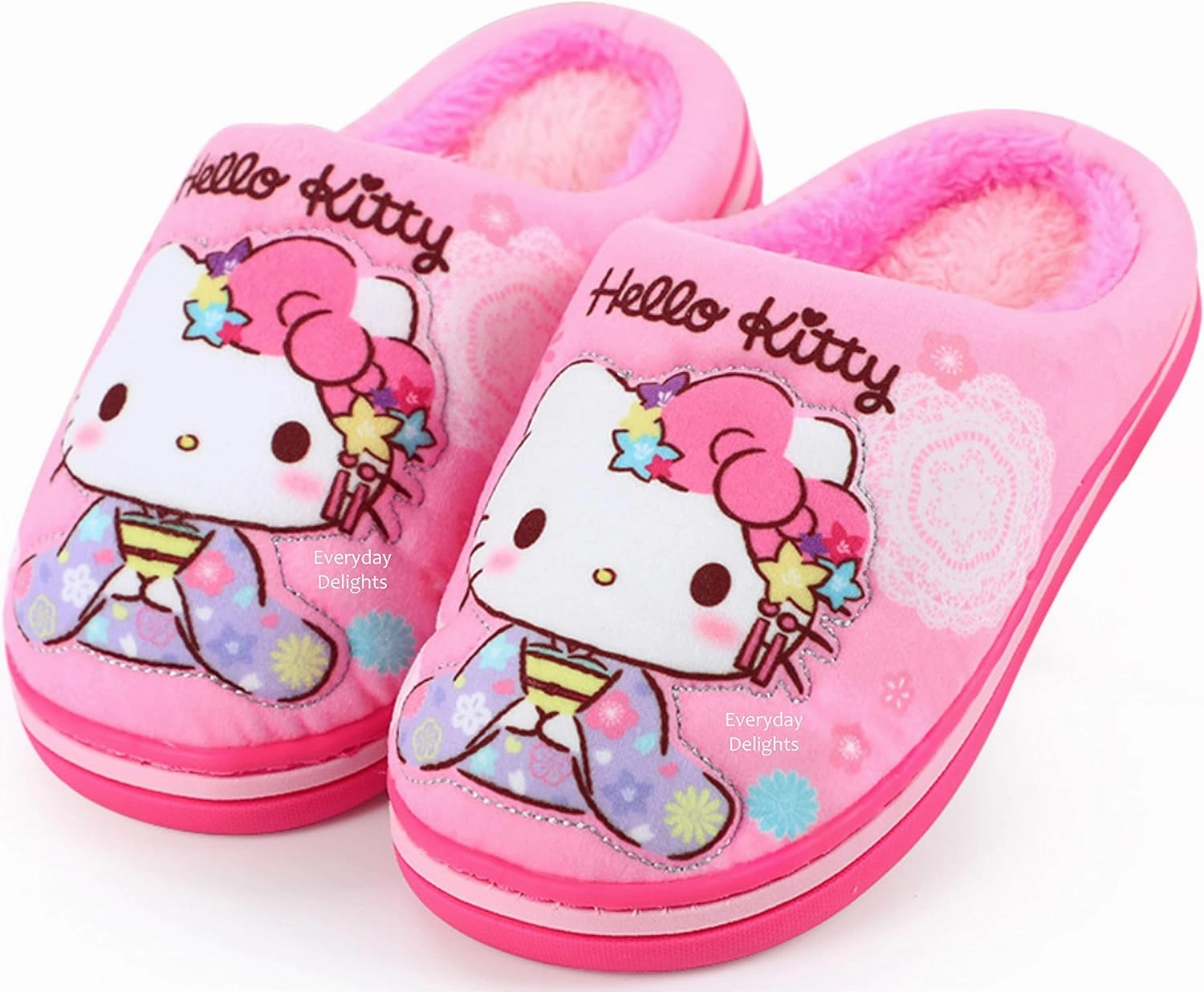 Everyday Delights Hello Kitty Kimono Plush Slippers for Girls Kids Children