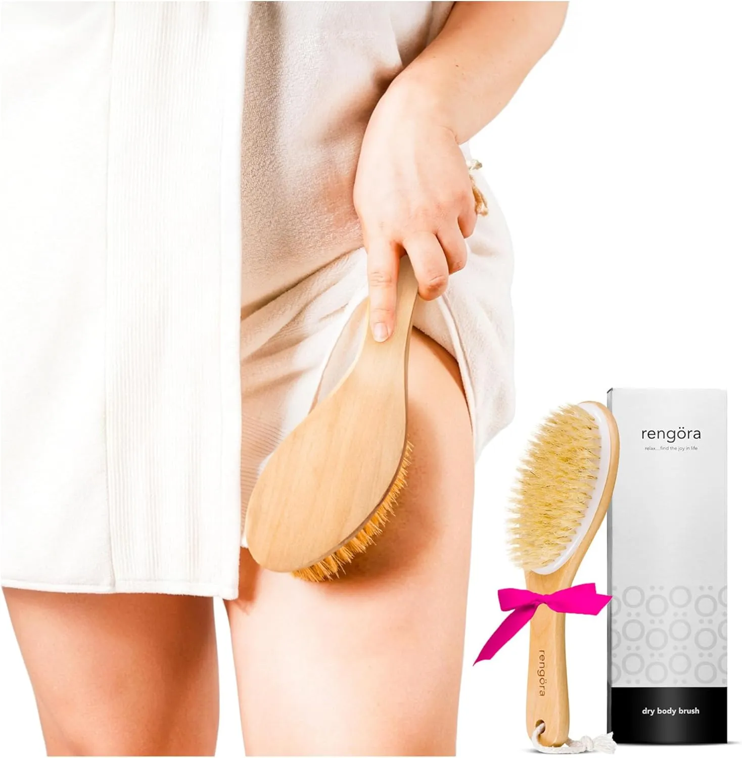 Exfoliating Back Scrubber for Shower, Dual-Use Body Scrubber for Wet/Dry Exfoliation, Dry Brushing Body Brush for Lymphatic Drainage, Natural Boar Bristles, Ergonomic Handle Cellulite Brush Gift Set