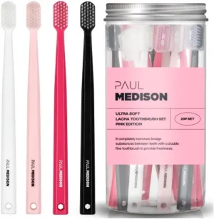 Extra Soft Toothbrushes for Adults, 20-Pack Ultra Fine Bristle Toothbrush Multipack with Covers | Small Head, Gentle on Sensitive Gums | Aesthetic Pink, Black & White Design