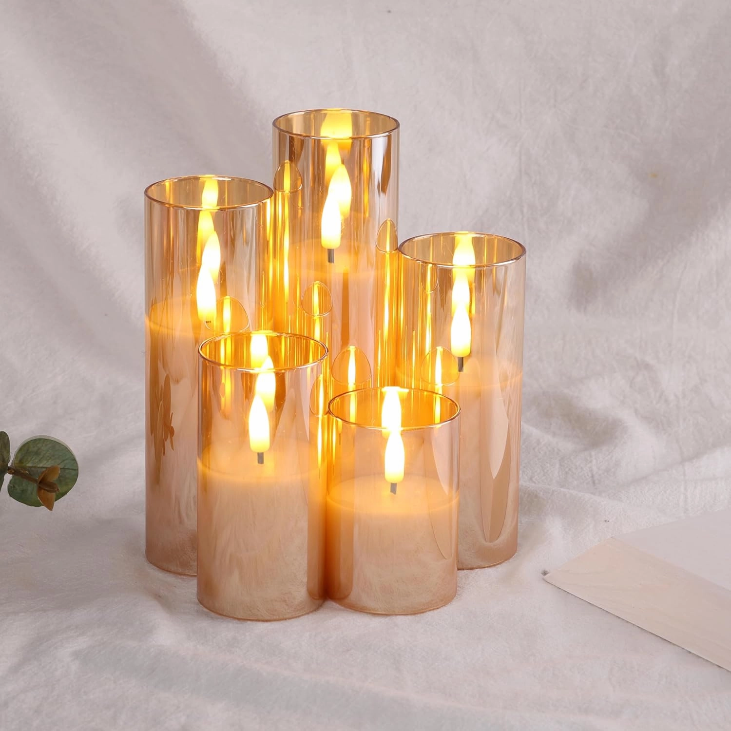 Eywamage 5 Pack Gold Glass Flameless Candles with Remote, Flickering Slim Tall LED Pillar Votive Candles Battery Included