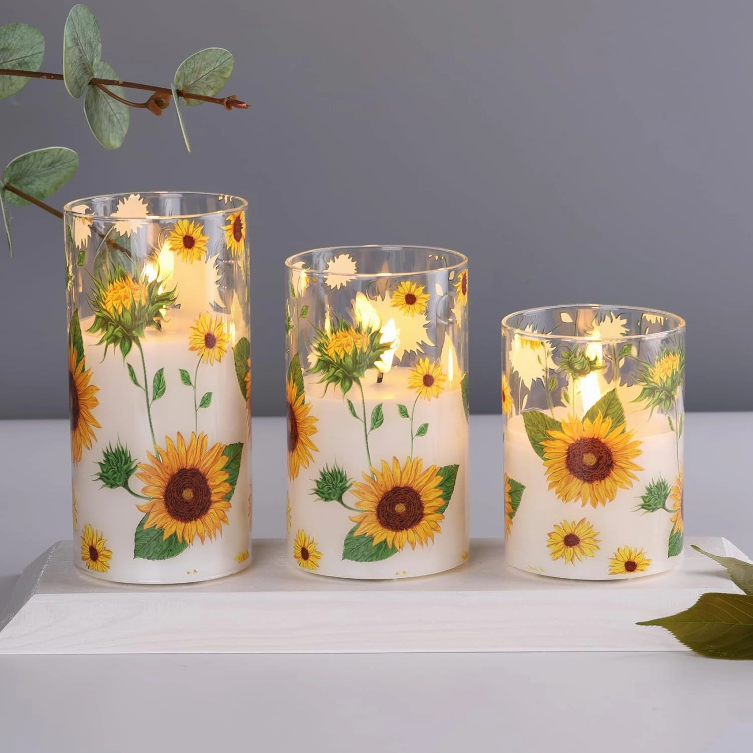 Eywamage Sunflower Flameless Candles in Glass Jars, Flickering Battery LED Pillar Candles with Remote Set of 3