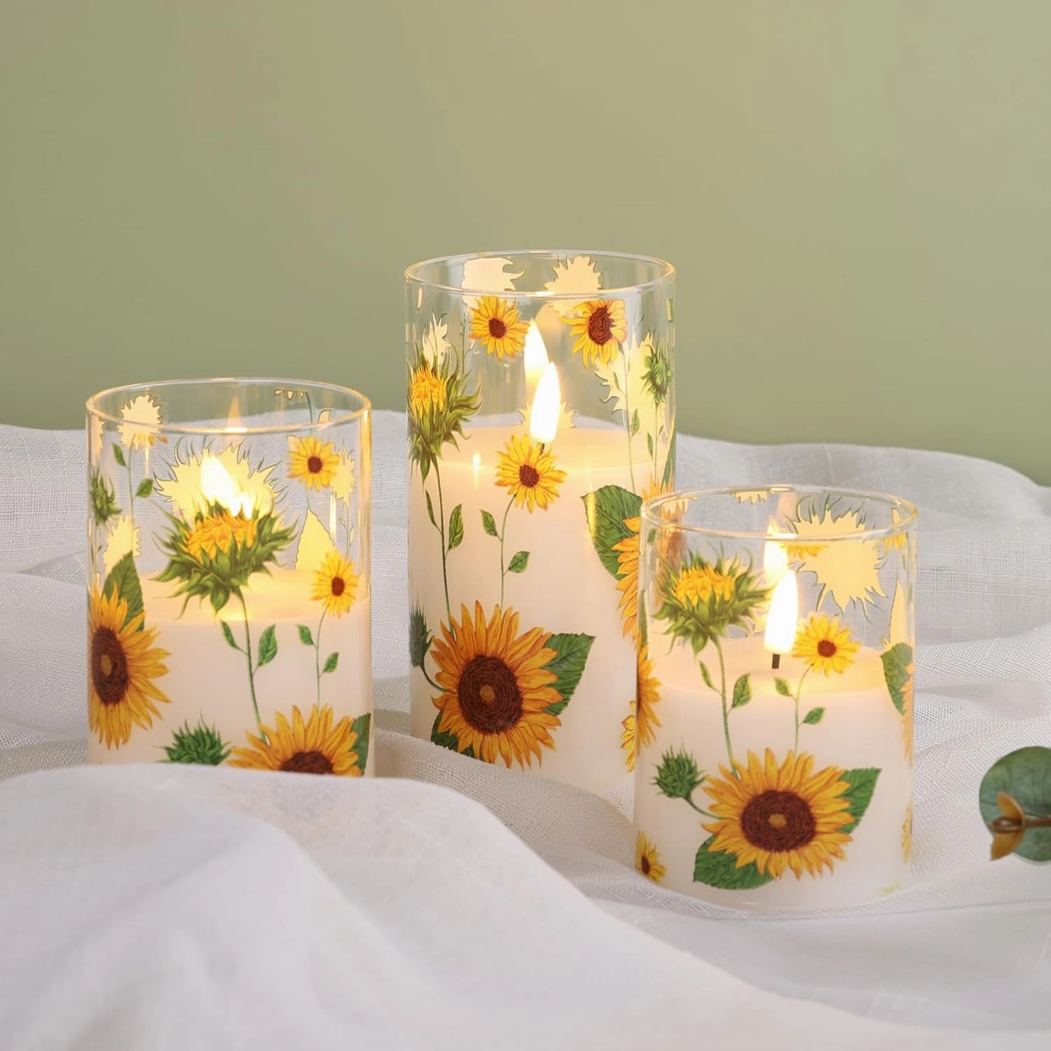 Eywamage Sunflower Flameless Candles in Glass Jars, Flickering Battery LED Pillar Candles with Remote Set of 3