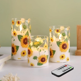 Eywamage Sunflower Flameless Candles in Glass Jars, Flickering Battery LED Pillar Candles with Remote Set of 3