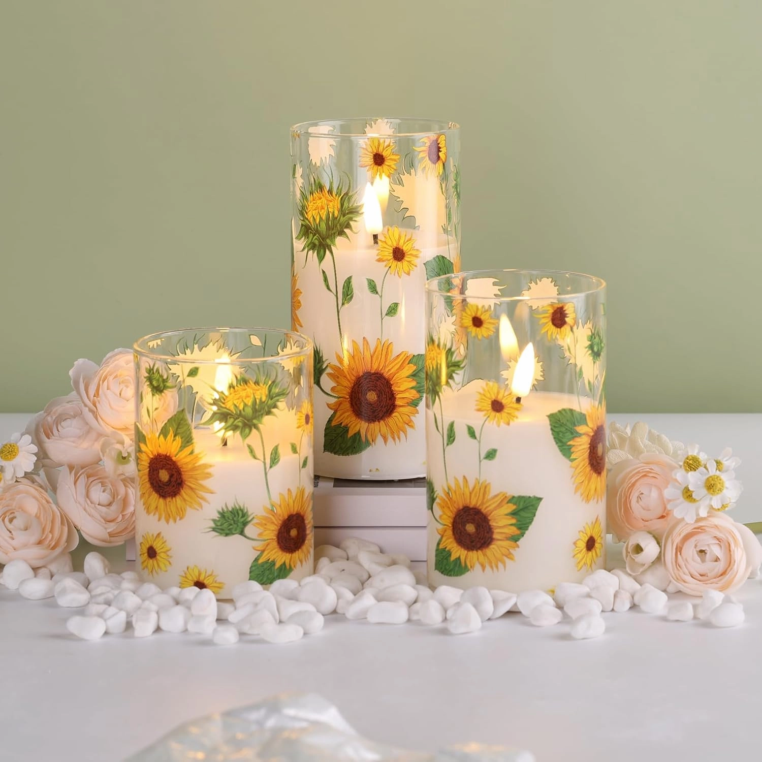 Eywamage Sunflower Flameless Candles in Glass Jars, Flickering Battery LED Pillar Candles with Remote Set of 3