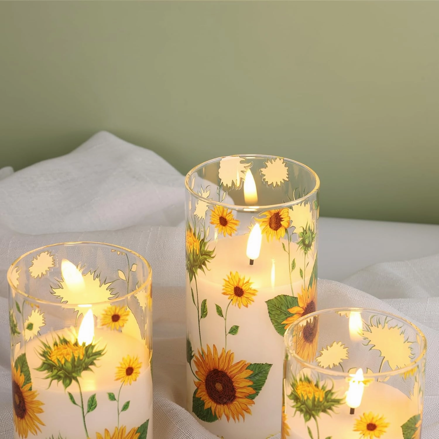 Eywamage Sunflower Flameless Candles in Glass Jars, Flickering Battery LED Pillar Candles with Remote Set of 3