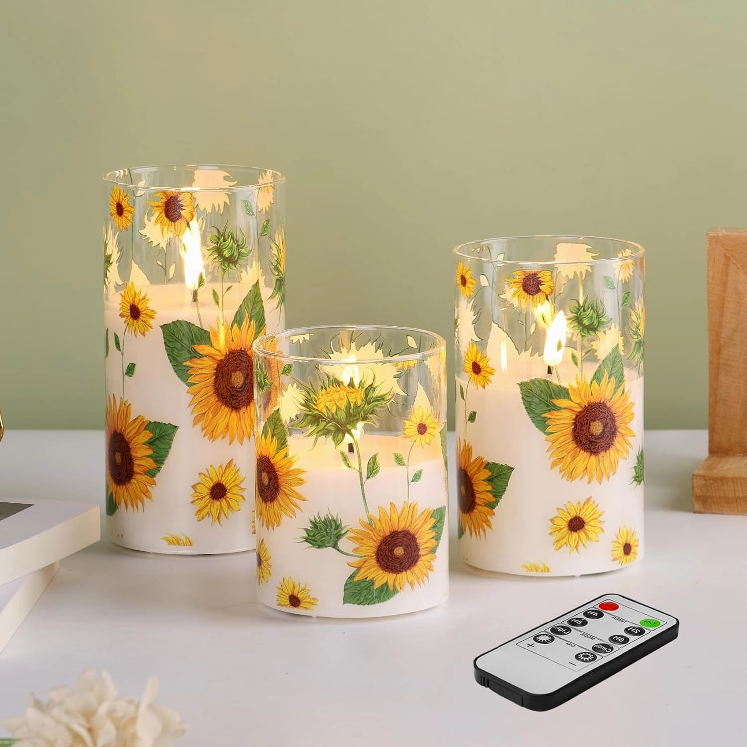 Eywamage Sunflower Flameless Candles in Glass Jars, Flickering Battery LED Pillar Candles with Remote Set of 3