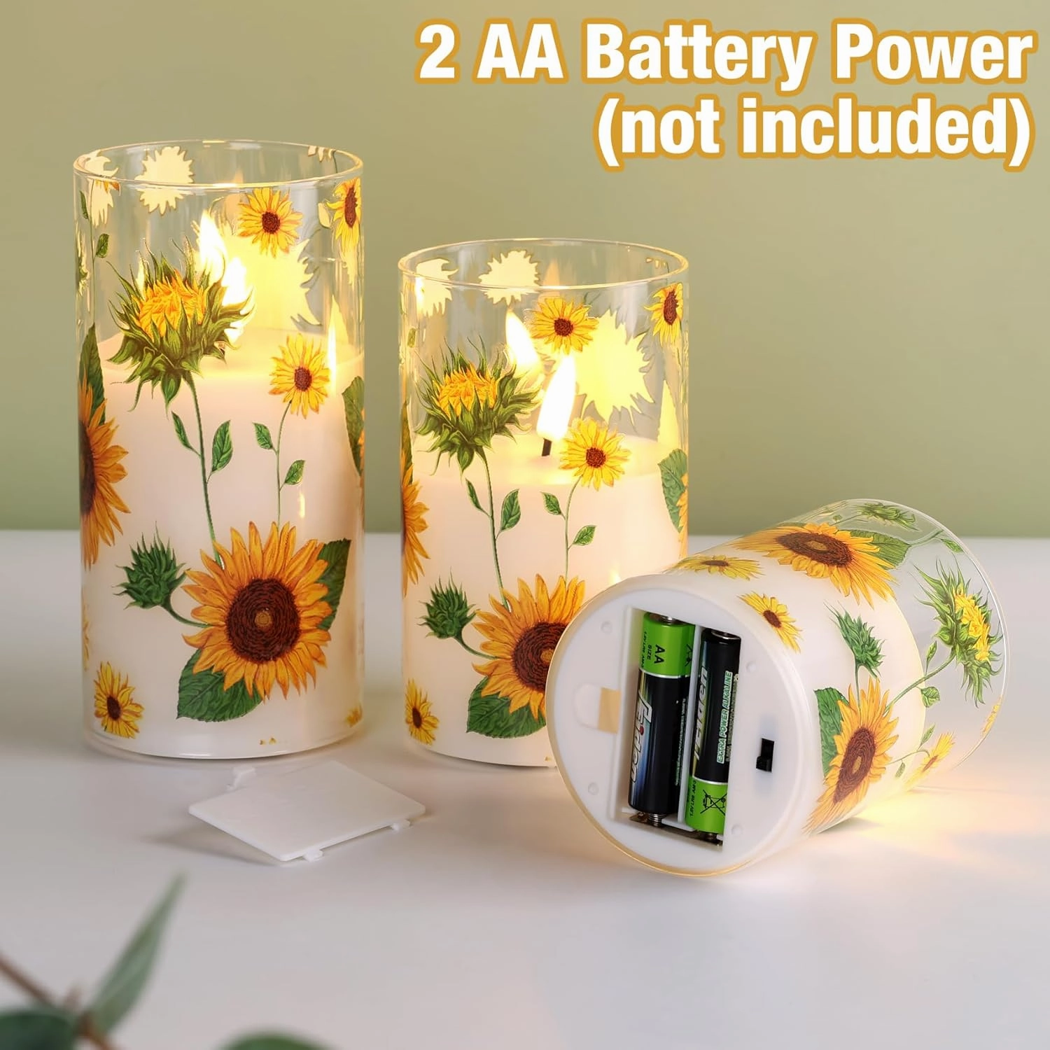 Eywamage Sunflower Flameless Candles in Glass Jars, Flickering Battery LED Pillar Candles with Remote Set of 3