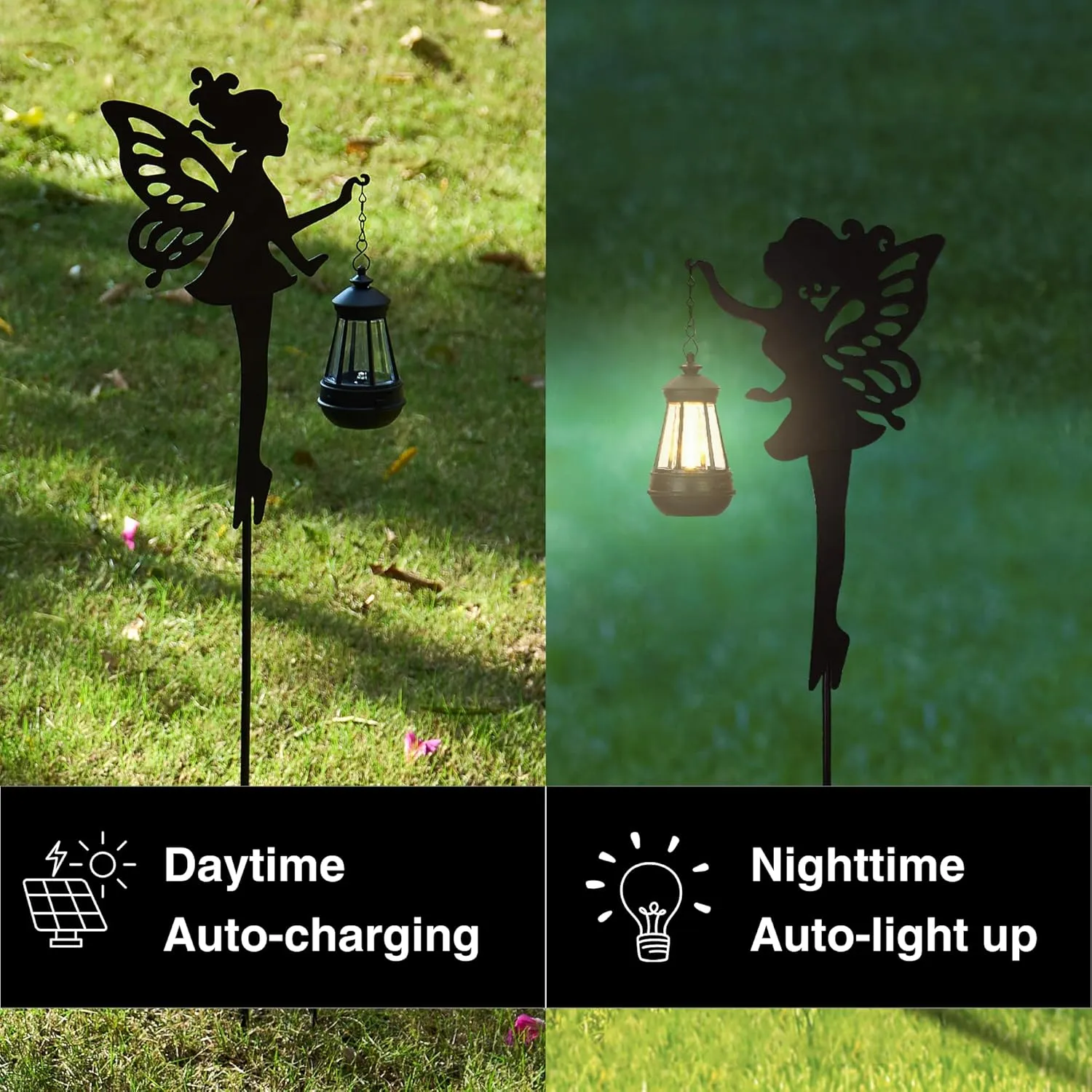 Fairy Garden Decor Outdoor Stakes 1 Pair - Solar Decorations Lawn Ornaments Garden Statue, Metal Stakes for Yard, Lawn, Patio, Pathway, Driveway (Warm Lighting)