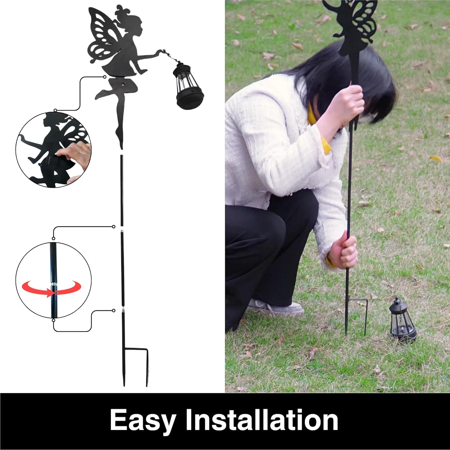 Fairy Garden Decor Outdoor Stakes 1 Pair - Solar Decorations Lawn Ornaments Garden Statue, Metal Stakes for Yard, Lawn, Patio, Pathway, Driveway (Warm Lighting)