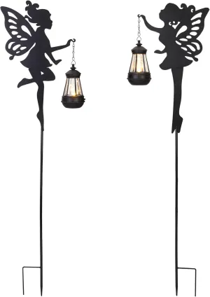Fairy Garden Decor Outdoor Stakes 1 Pair - Solar Decorations Lawn Ornaments Garden Statue, Metal Stakes for Yard, Lawn, Patio, Pathway, Driveway (Warm Lighting)