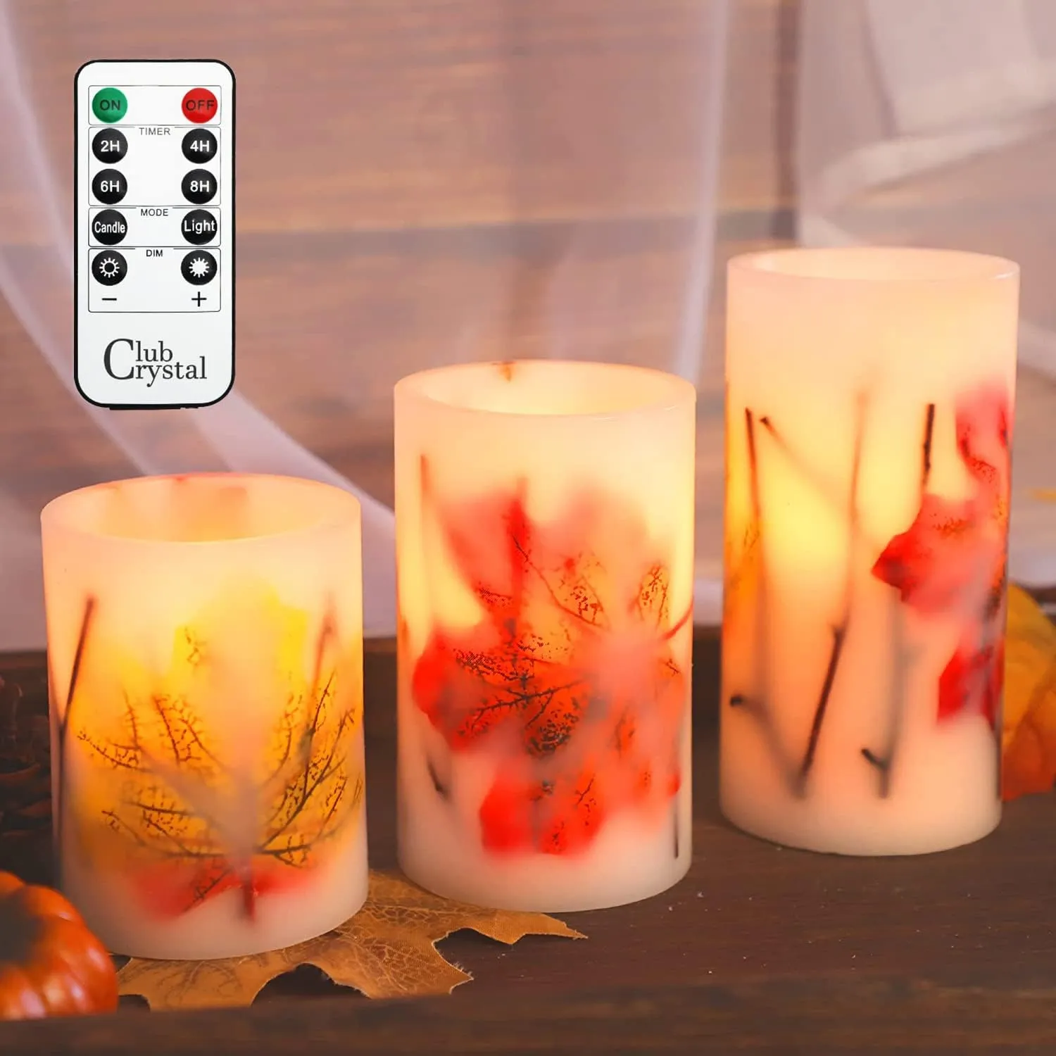 Fall Flameless LED Candles with Remote and Timer, Autumn Theme Pillar Candle Embedded with Maple Leaves for Party Decorations, Holiday Decor