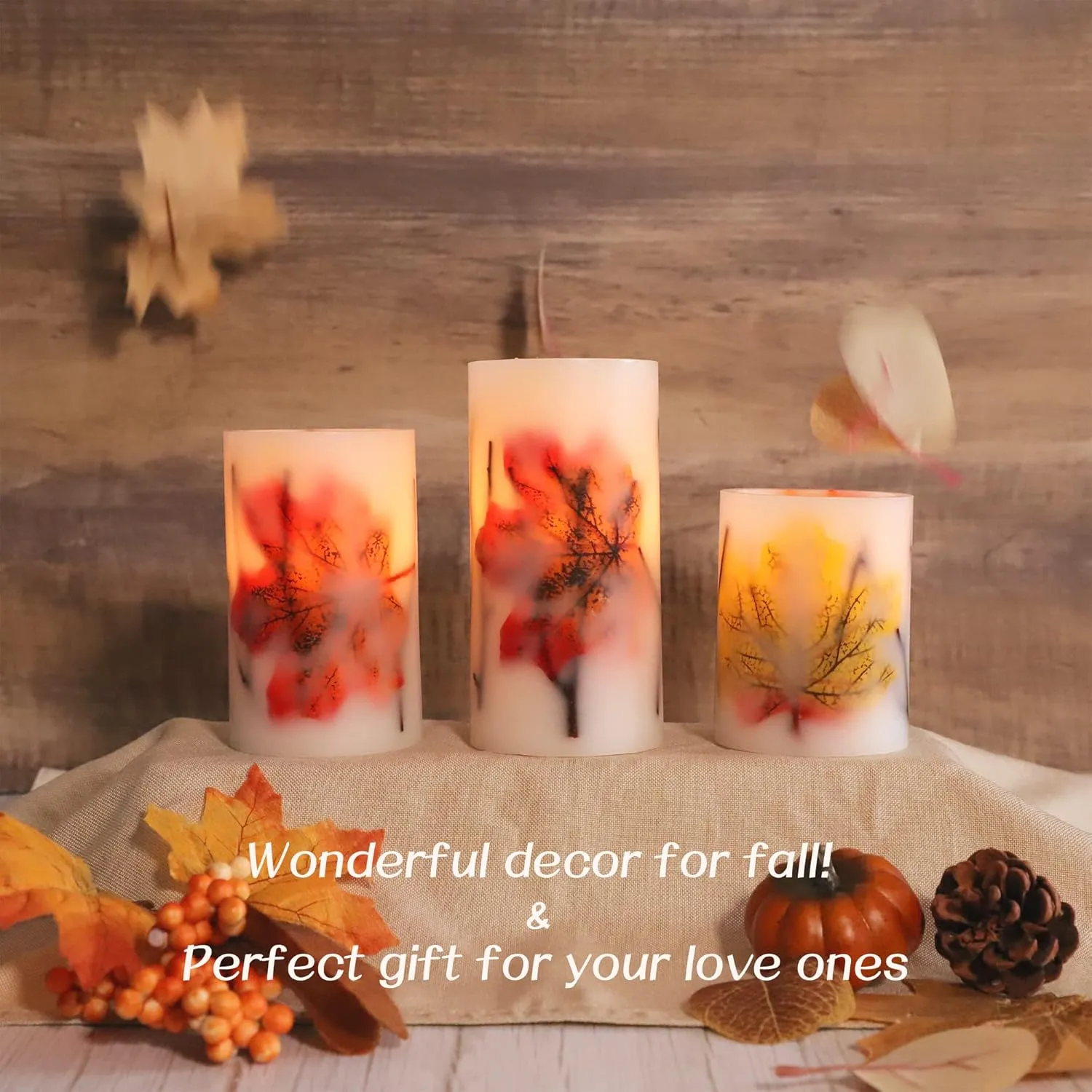 Fall Flameless LED Candles with Remote and Timer, Autumn Theme Pillar Candle Embedded with Maple Leaves for Party Decorations, Holiday Decor