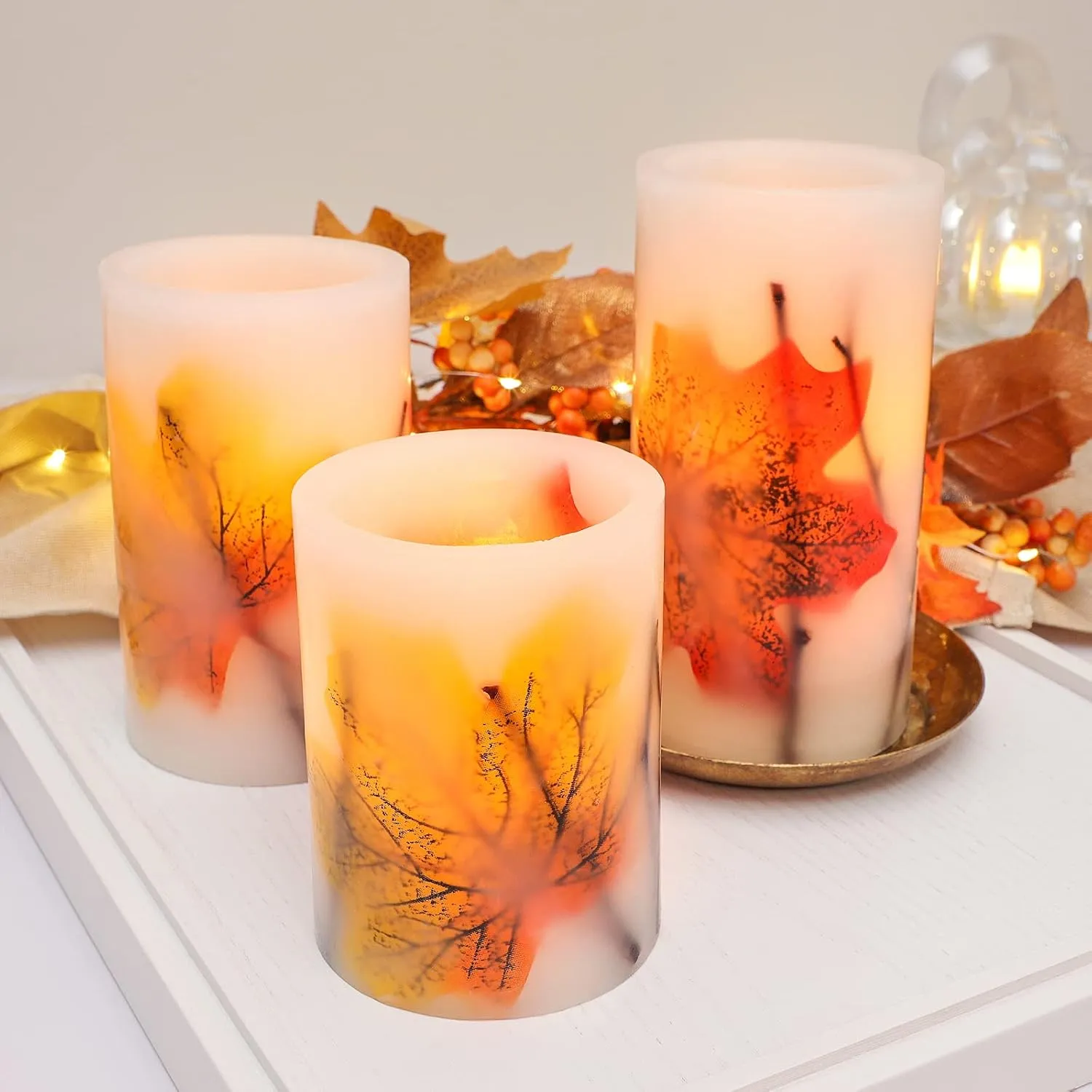 Fall Flameless LED Candles with Remote and Timer, Autumn Theme Pillar Candle Embedded with Maple Leaves for Party Decorations, Holiday Decor