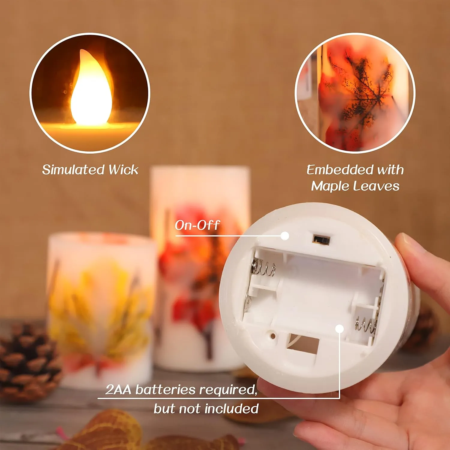Fall Flameless LED Candles with Remote and Timer, Autumn Theme Pillar Candle Embedded with Maple Leaves for Party Decorations, Holiday Decor