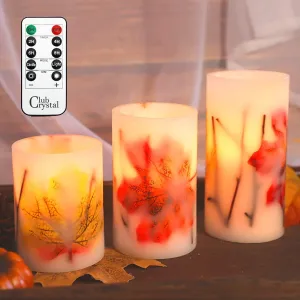 Fall Flameless LED Candles with Remote and Timer, Autumn Theme Pillar Candle Embedded with Maple Leaves for Party Decorations, Holiday Decor
