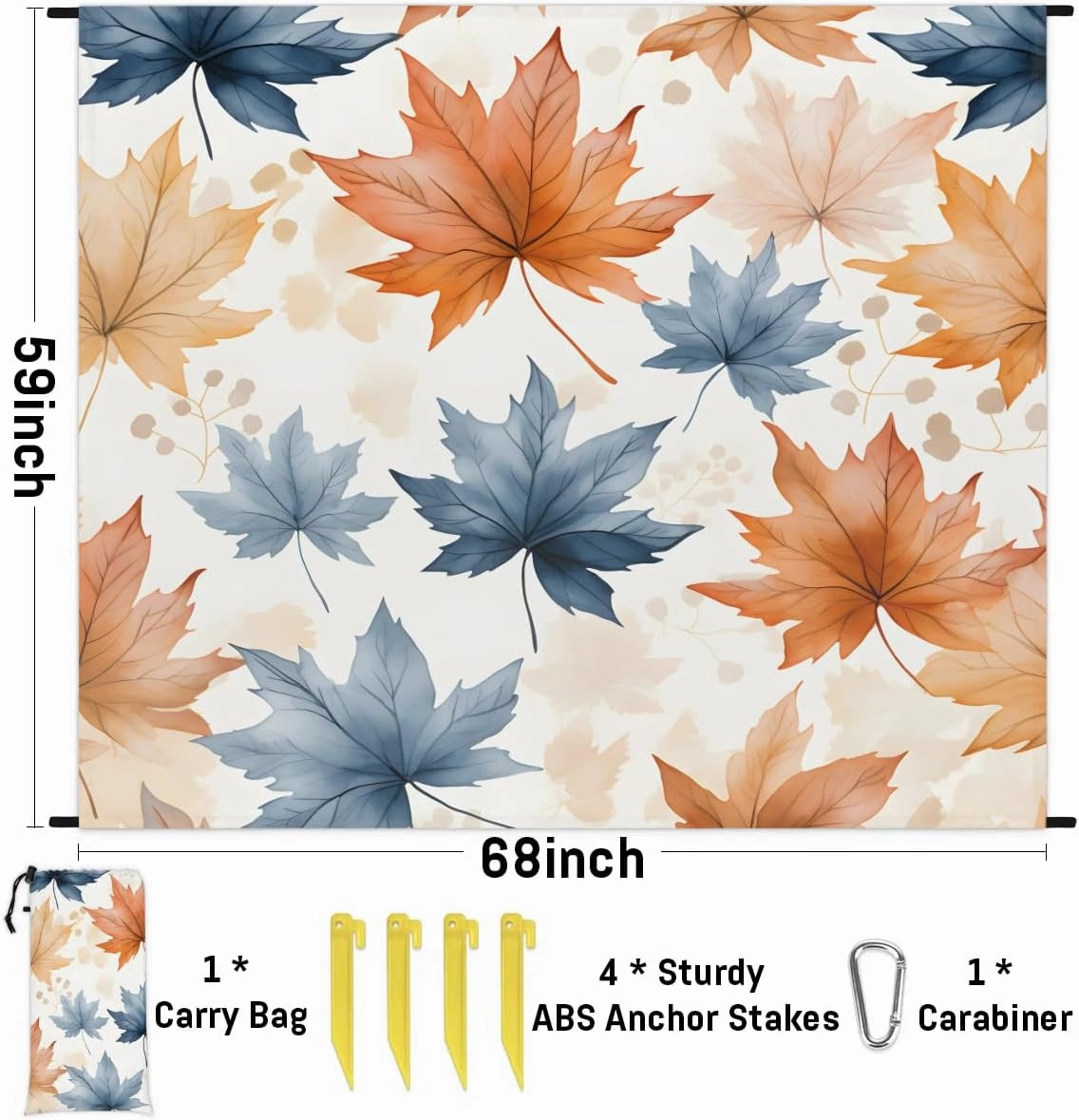 Fall Maple Leaves Beach Blanket, Sandproof Beach Mat, 68 x 59 Waterproof Quick Drying Sand Free Mat with 4 x Ground Spikes for Outdoor Travel Camping Hiking, Autumn Thanksgiving