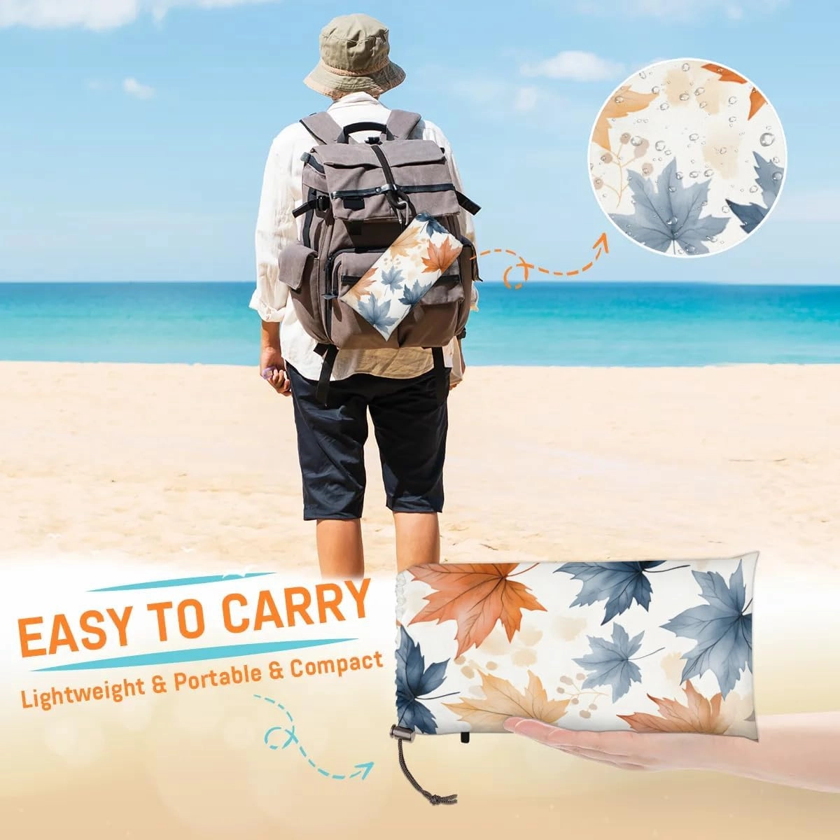 Fall Maple Leaves Beach Blanket, Sandproof Beach Mat, 68 x 59 Waterproof Quick Drying Sand Free Mat with 4 x Ground Spikes for Outdoor Travel Camping Hiking, Autumn Thanksgiving