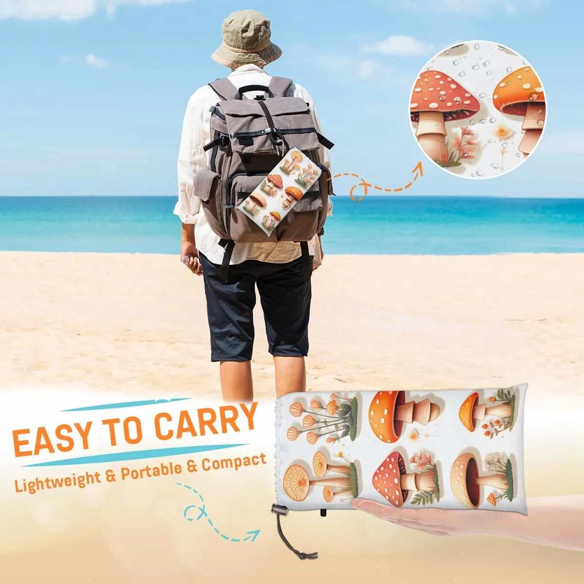 Fall Mushroom Beach Blanket, Sandproof Beach Mat, 68 x 59 Waterproof Quick Drying Sand Free Mat with 4 x Ground Spikes for Outdoor Travel Camping Hiking, Mushroom