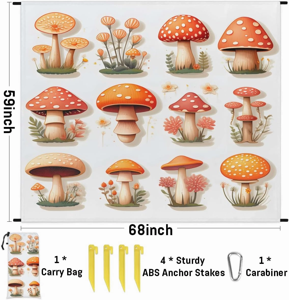 Fall Mushroom Beach Blanket, Sandproof Beach Mat, 68 x 59 Waterproof Quick Drying Sand Free Mat with 4 x Ground Spikes for Outdoor Travel Camping Hiking, Mushroom