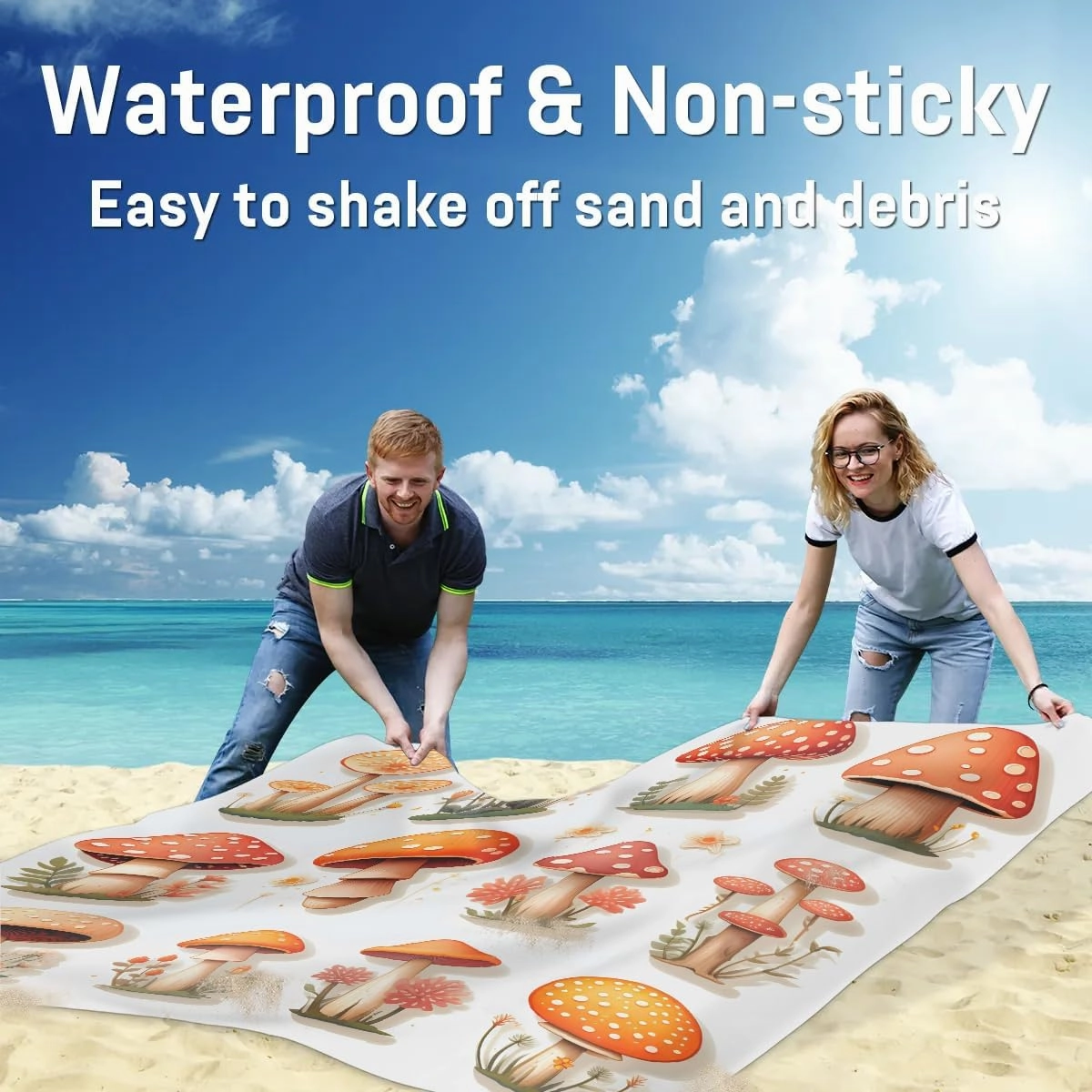 Fall Mushroom Beach Blanket, Sandproof Beach Mat, 68 x 59 Waterproof Quick Drying Sand Free Mat with 4 x Ground Spikes for Outdoor Travel Camping Hiking, Mushroom