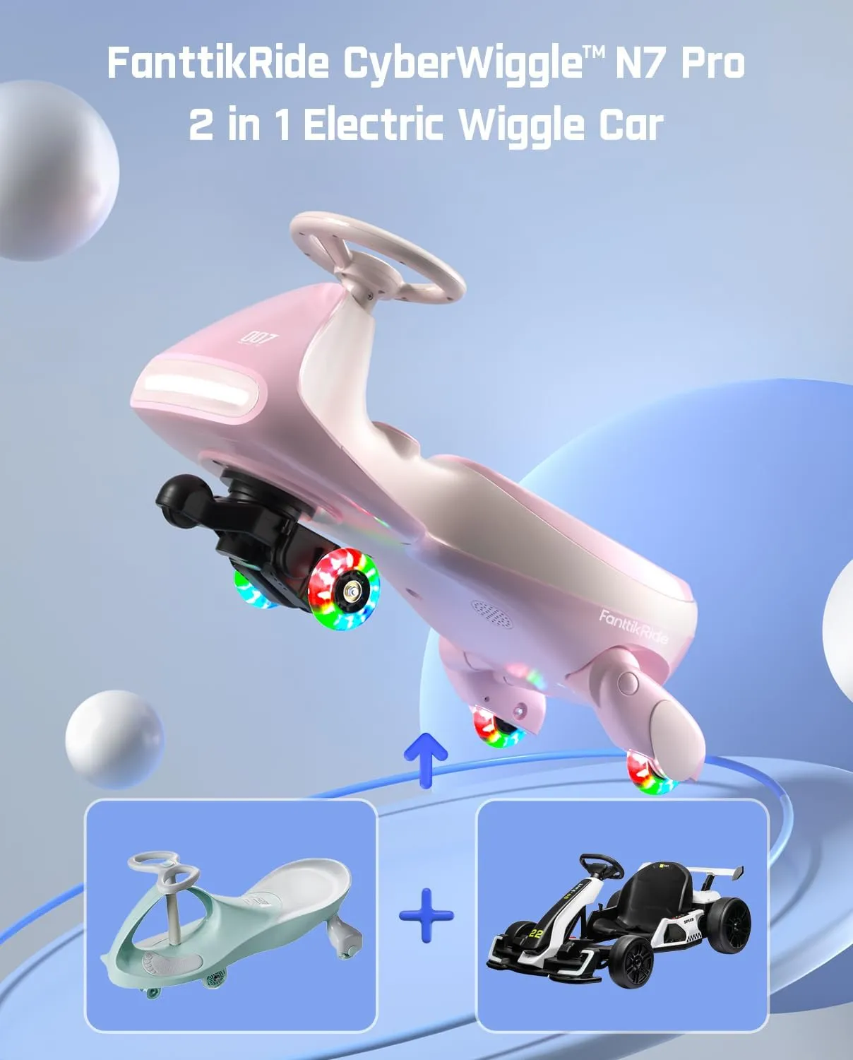 FanttikRide 12V N7 Pro Electric Wiggle Car with Pedal, Rechargeable Battery, CyberWiggle, 2 in 1 Swing Car, 2 Speed, Anti-Rollover, Flashing Wheels, Bluetooth, for Ages 3 and Up, 150 Lbs,Pinkish White