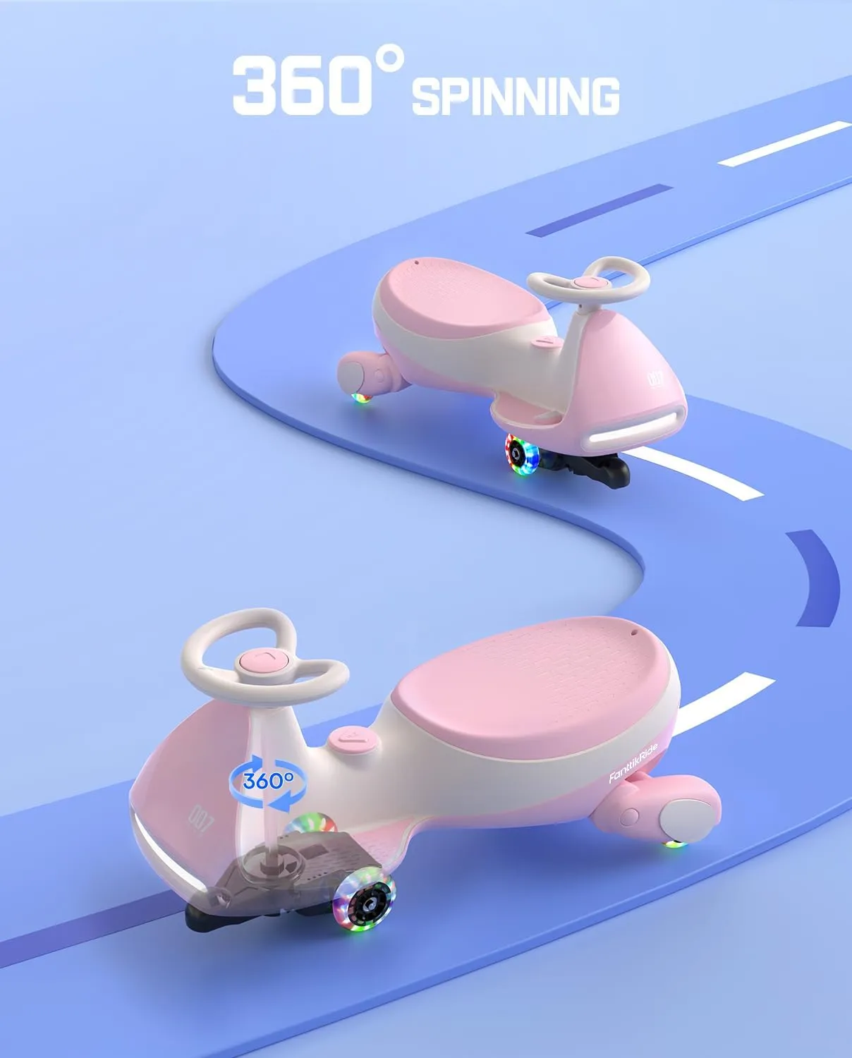 FanttikRide 12V N7 Pro Electric Wiggle Car with Pedal, Rechargeable Battery, CyberWiggle, 2 in 1 Swing Car, 2 Speed, Anti-Rollover, Flashing Wheels, Bluetooth, for Ages 3 and Up, 150 Lbs,Pinkish White