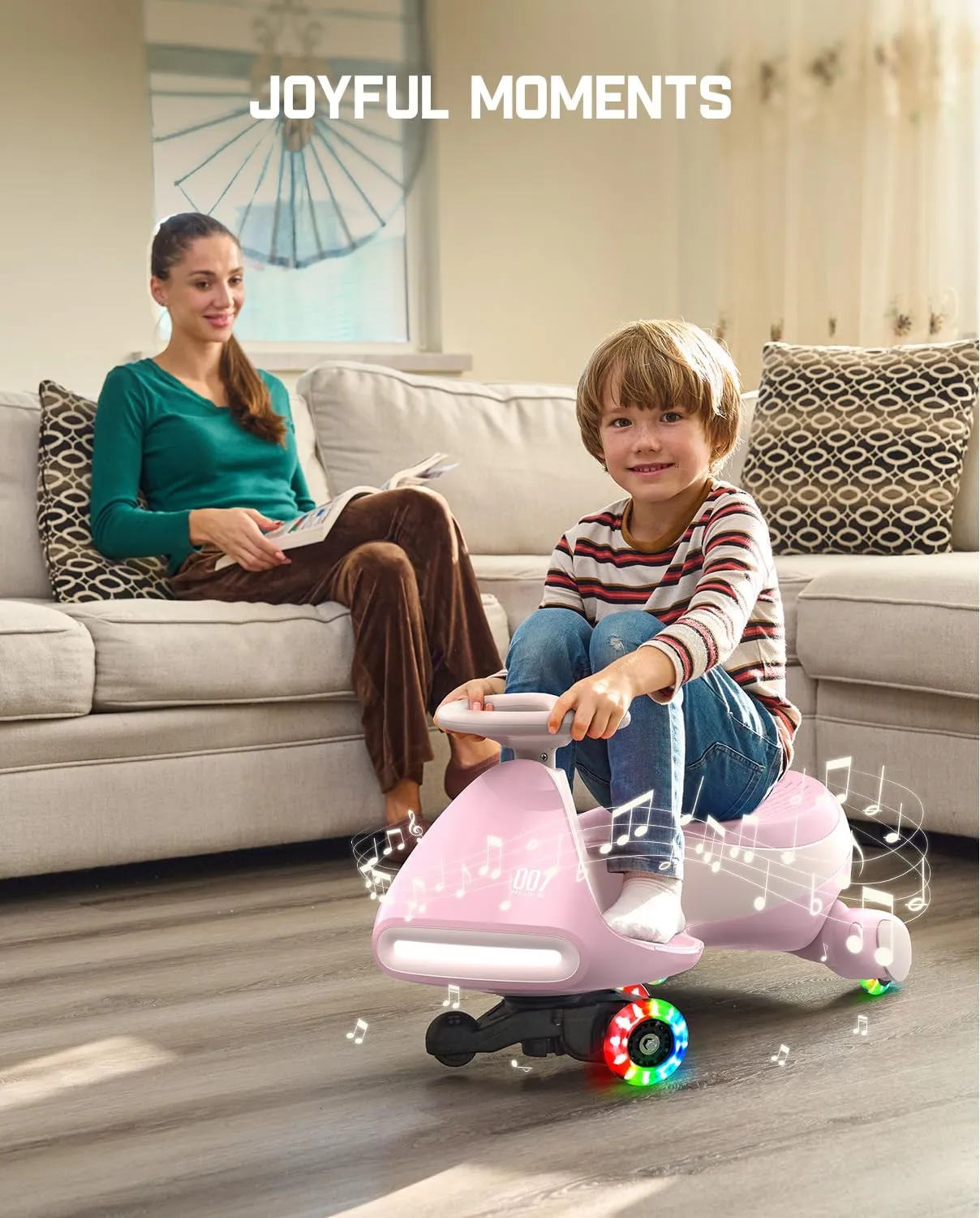 FanttikRide 12V N7 Pro Electric Wiggle Car with Pedal, Rechargeable Battery, CyberWiggle, 2 in 1 Swing Car, 2 Speed, Anti-Rollover, Flashing Wheels, Bluetooth, for Ages 3 and Up, 150 Lbs,Pinkish White