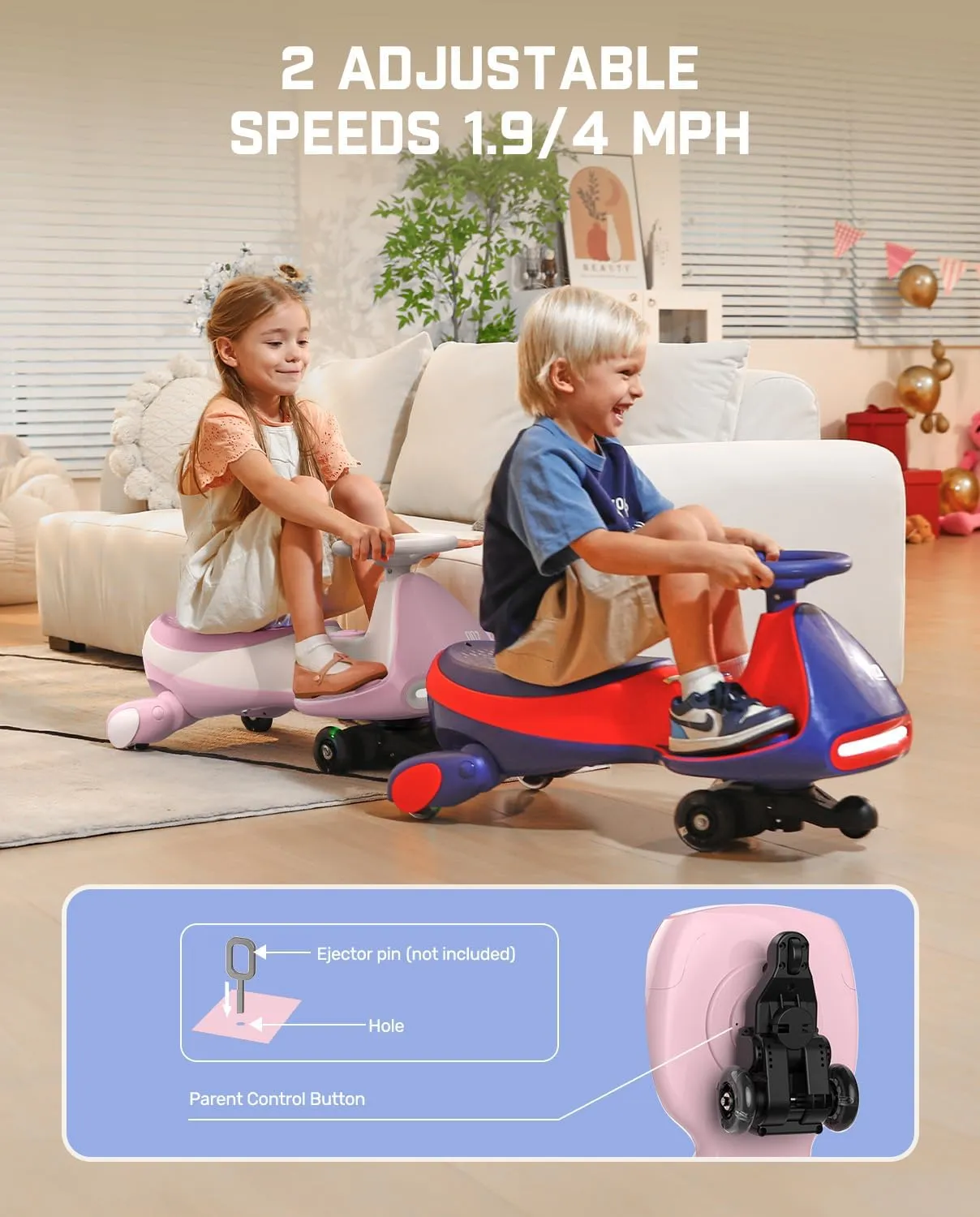 FanttikRide 12V N7 Pro Electric Wiggle Car with Pedal, Rechargeable Battery, CyberWiggle, 2 in 1 Swing Car, 2 Speed, Anti-Rollover, Flashing Wheels, Bluetooth, for Ages 3 and Up, 150 Lbs,Pinkish White