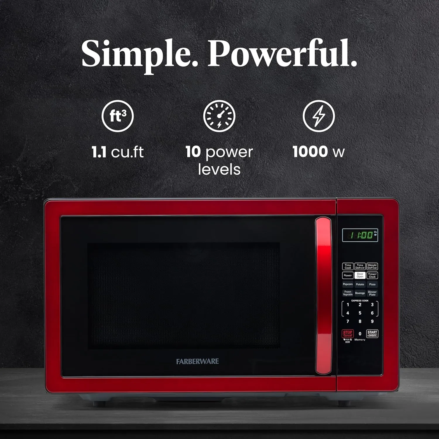 Farberware Countertop Microwave 1000 Watts, 1.1 cu ft - Microwave Oven With LED Lighting and Child Lock - Perfect for Apartments and Dorms - Easy Clean Metallic Red