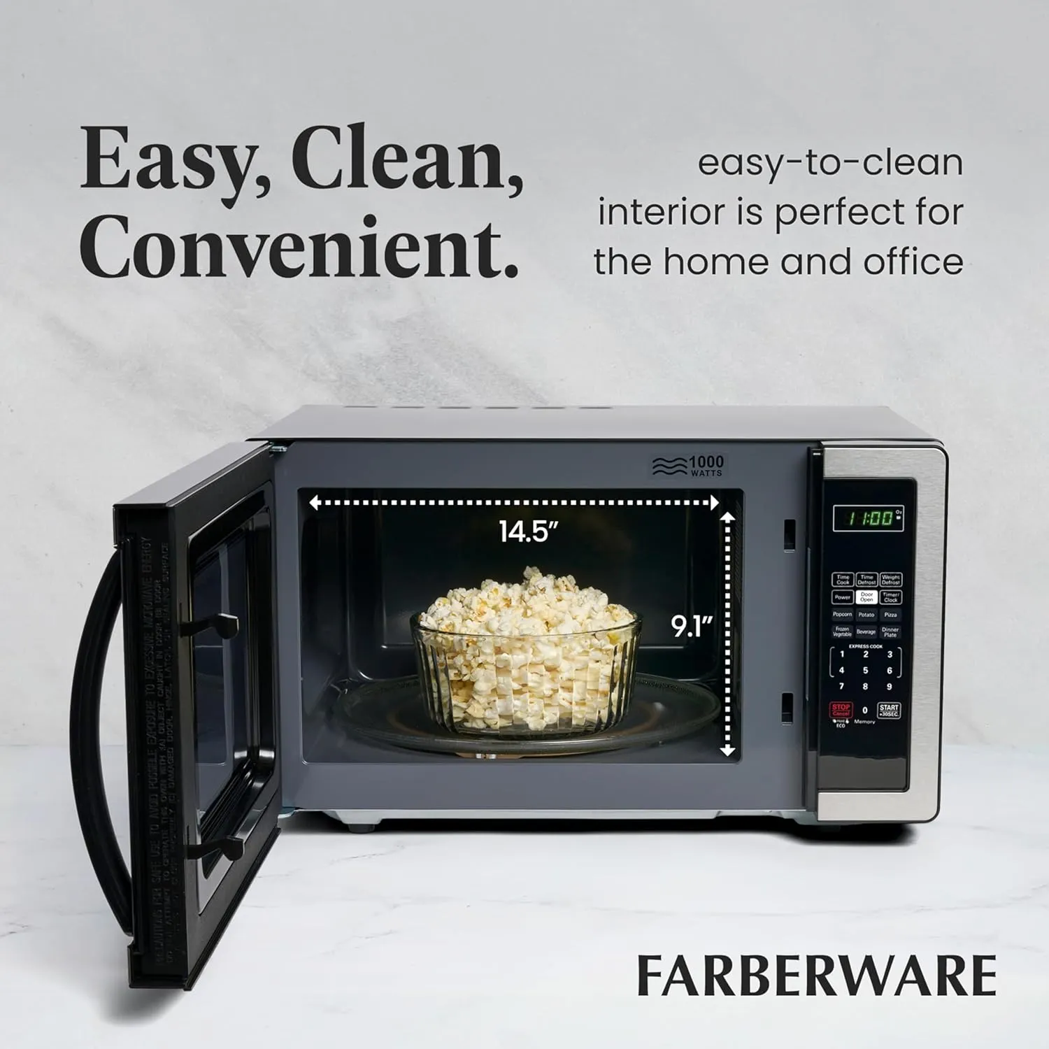Farberware FMO11AHTBKBD1 Countertop 1000 Watts Microwave Oven with LED Lighting and Child Lock-Perfect for Apartments and Dorms-Easy Clean, 1.1 Cu. Ft, Stainless Steel