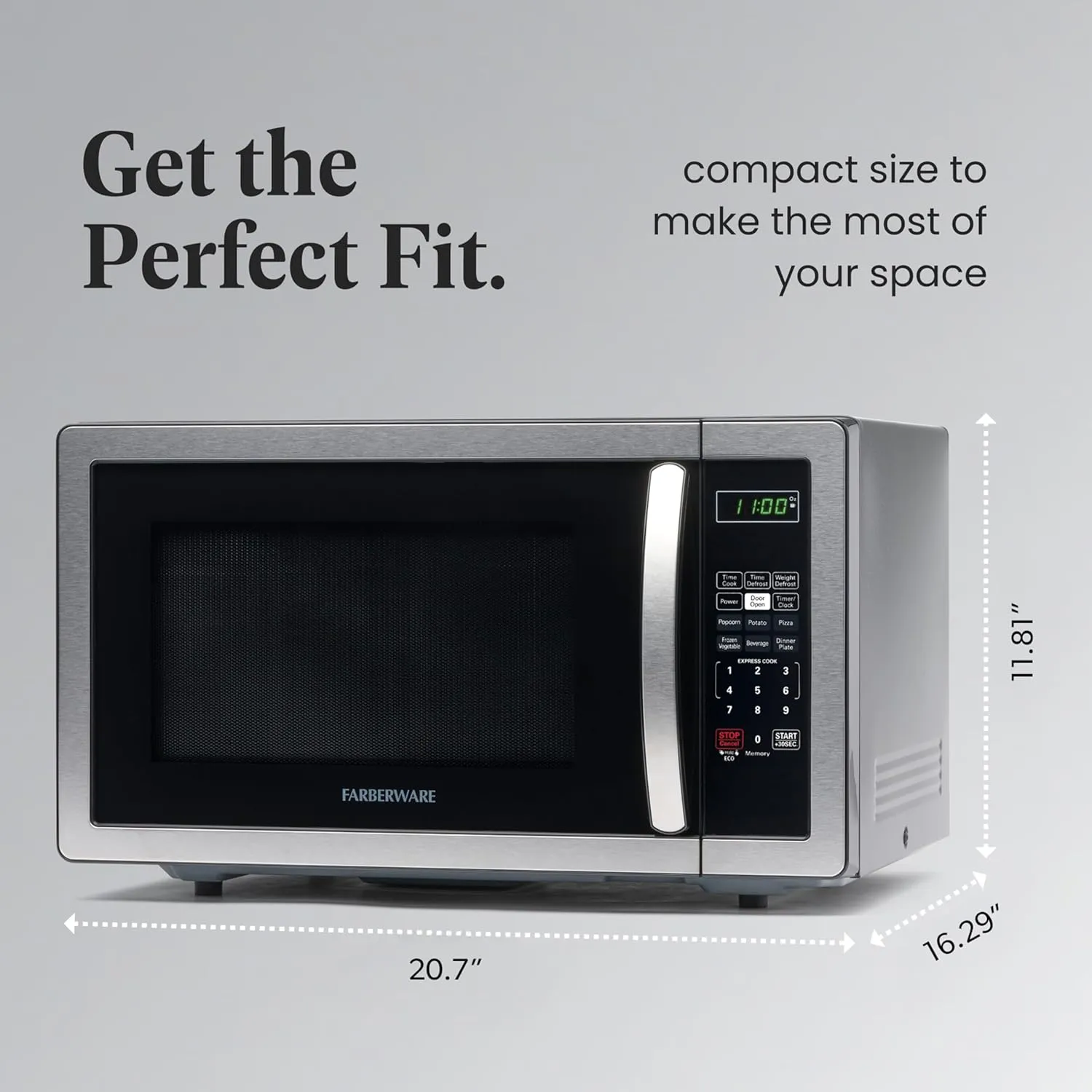 Farberware FMO11AHTBKBD1 Countertop 1000 Watts Microwave Oven with LED Lighting and Child Lock-Perfect for Apartments and Dorms-Easy Clean, 1.1 Cu. Ft, Stainless Steel