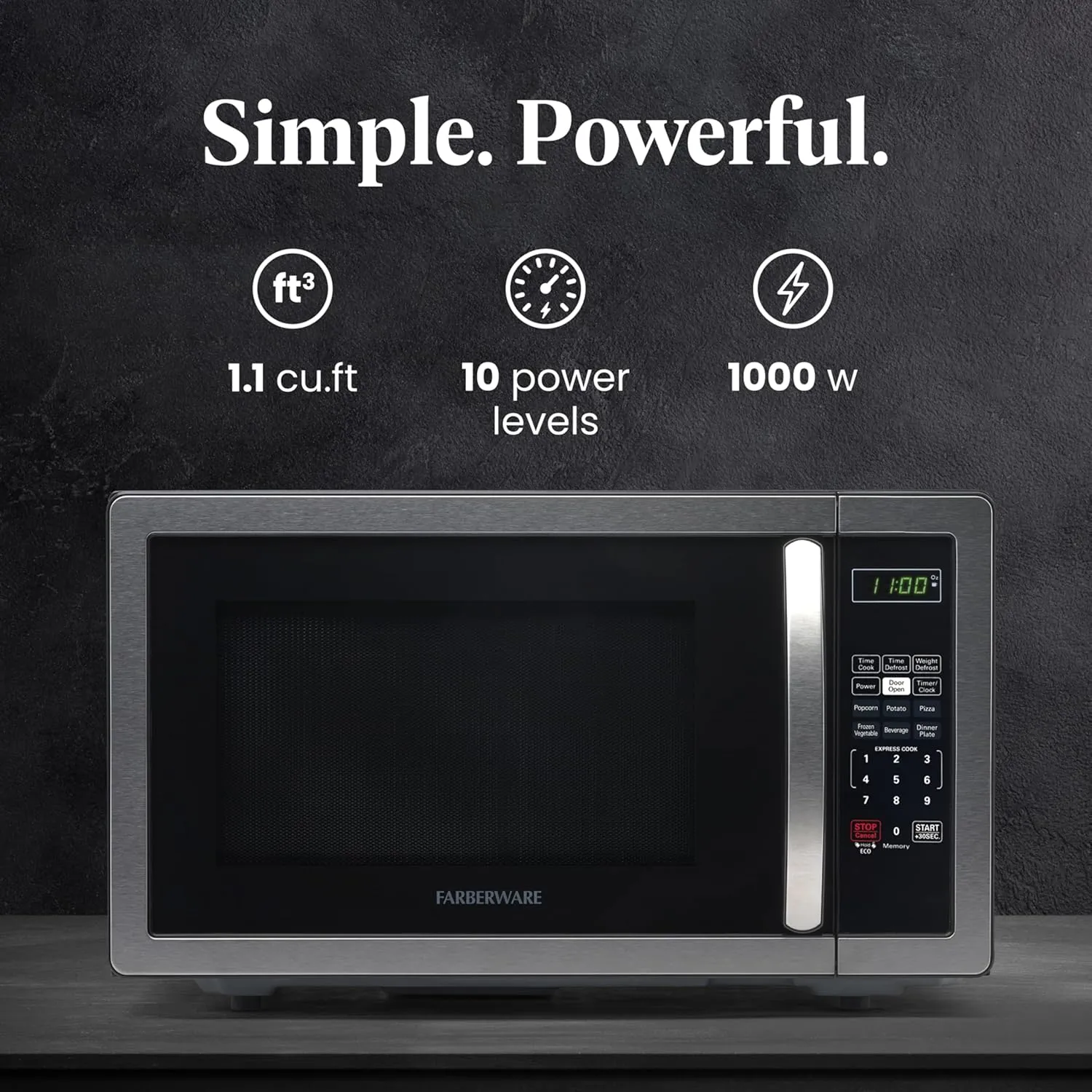 Farberware FMO11AHTBKBD1 Countertop 1000 Watts Microwave Oven with LED Lighting and Child Lock-Perfect for Apartments and Dorms-Easy Clean, 1.1 Cu. Ft, Stainless Steel