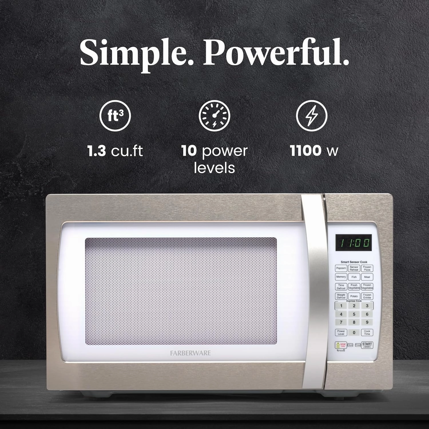 Farberware Countertop Microwave 1100 Watts, 1.3 cu ft - Smart Sensor Microwave Oven With LED Lighting and Child Lock - Perfect for Apartments and Dorms - Easy Clean Retro White, Platinum