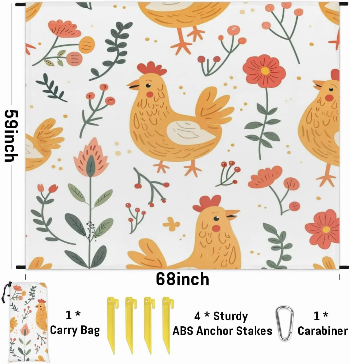 Farmhouse Rooster Beach Blanket, Sandproof Beach Mat, Adults Waterproof Quick Drying Sand Free Mat with 4 x Ground Spikes for Outdoor Travel Camping Hiking, Chickens