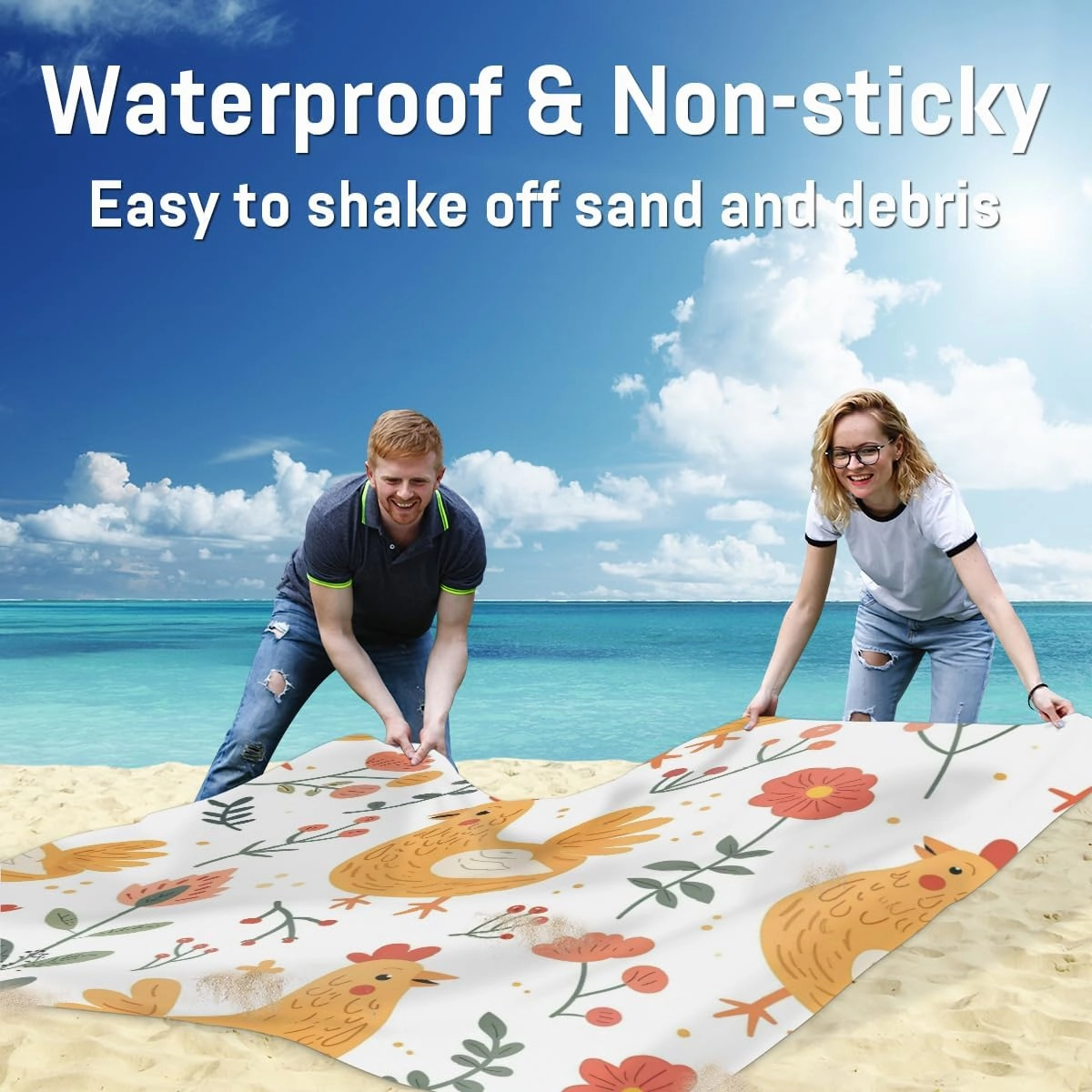 Farmhouse Rooster Beach Blanket, Sandproof Beach Mat, Adults Waterproof Quick Drying Sand Free Mat with 4 x Ground Spikes for Outdoor Travel Camping Hiking, Chickens