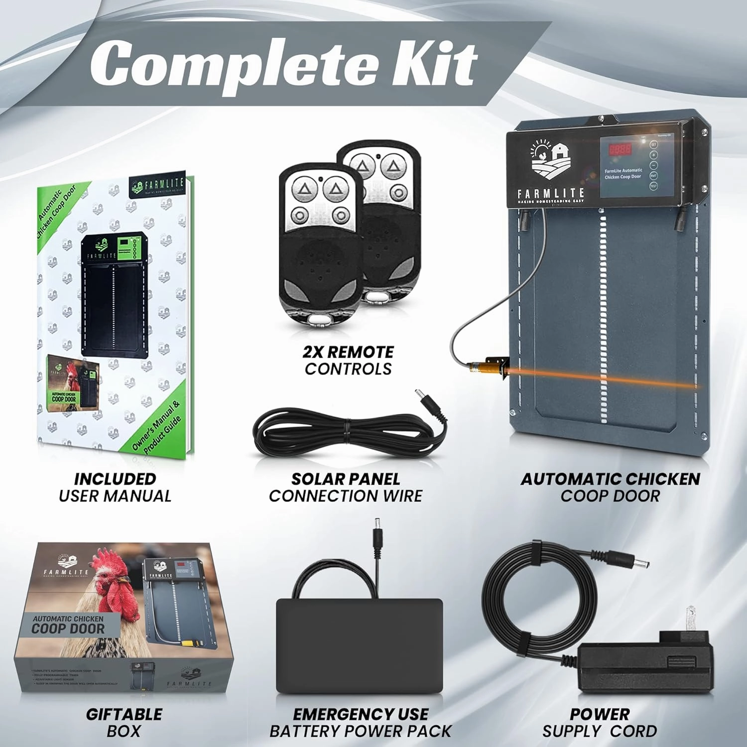 FarmLite Automatic Chicken Coop Door Opener | Non-Battery Powered Automatic Chicken Door | Automatic Coop Door with Timer, Light Sensor and Remote Controls